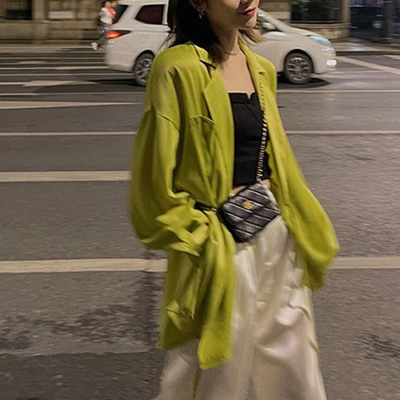 Summer New Solid Color Shirt Women POLO Collar Fashion Long Sleeve Lacing Cardigan Elegant Loose Thin Style Pockets Chic Tops