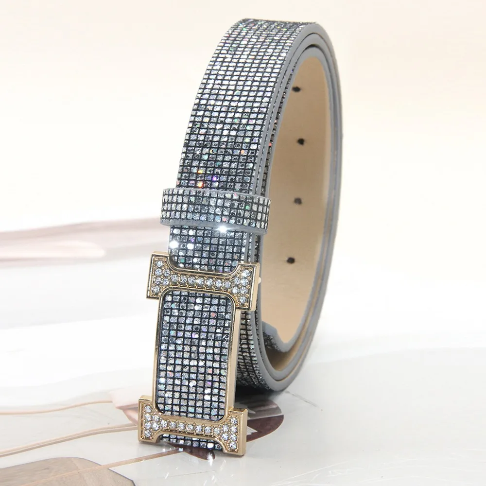 

Vintage Bling Bling Sparkling Rhinestone Belt Versatile Luxury Brand Design PU Leather Belt Glitter Trendy Waistband Women