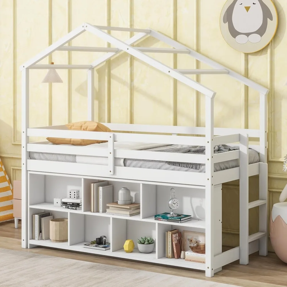 Twin Loft Bed Frame, Loft Bunk Bed with Roof Frame, Solid Wooden with Under Beds Shelving Storage, Multifunctional Low Loft Bed