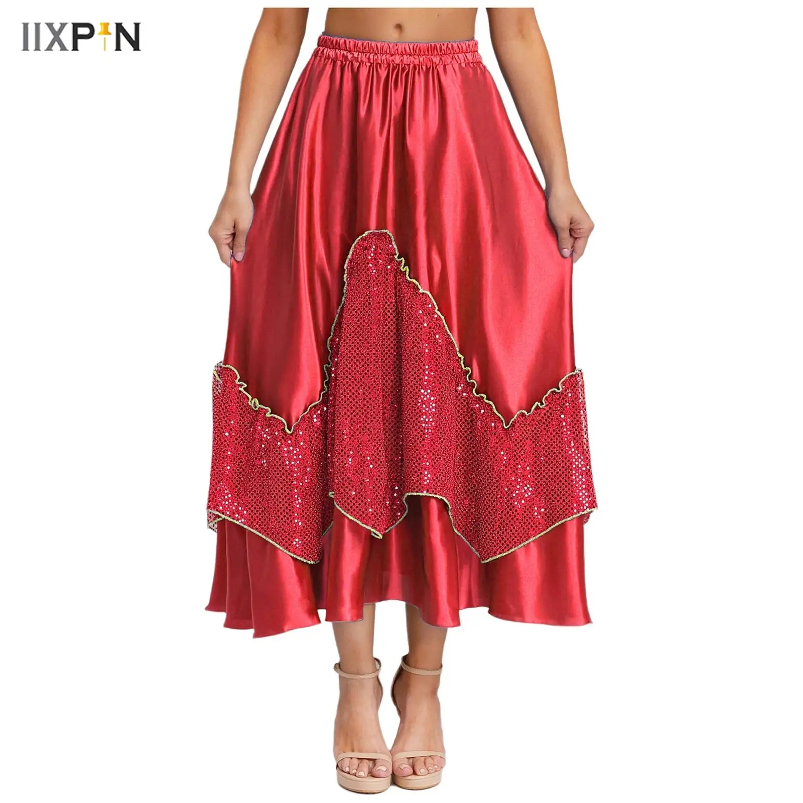 

Womens Spanish Bull Dance Big Swing Skirt Flamenco Skirt Glittery Sequined Patchwork Satiny Skirt for Salsa Tango Dance Ballroom