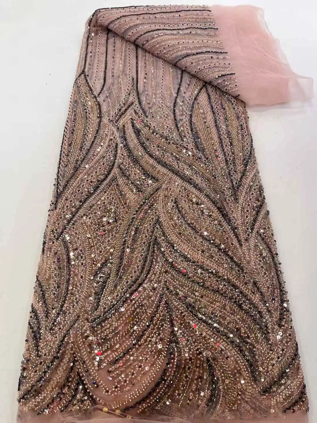 

African Beaded Lace Fabric 2025 Beautiful High Quality French Nigerian Mesh Lace Fabrics Sequins For Women Wedding Party Dress