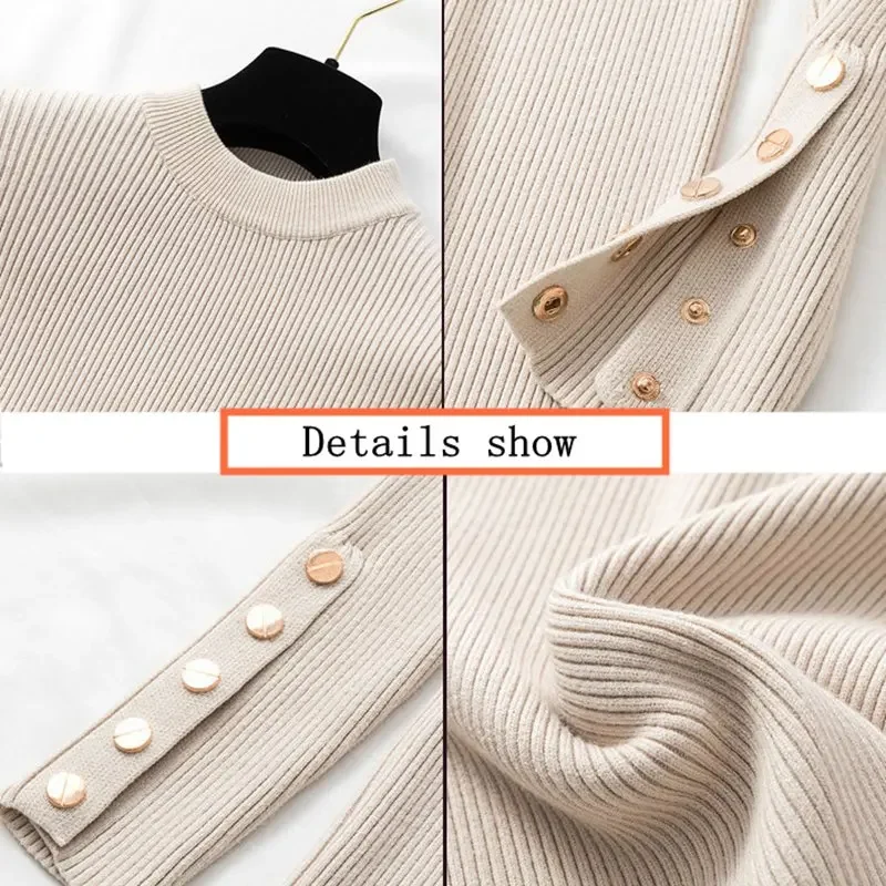 2024 Fashion Winter Pullover Autumn Knitted Sweater Women Long Sleeve O-Neck Sexy Slim Office Lady Button Casual Sweaters Tops