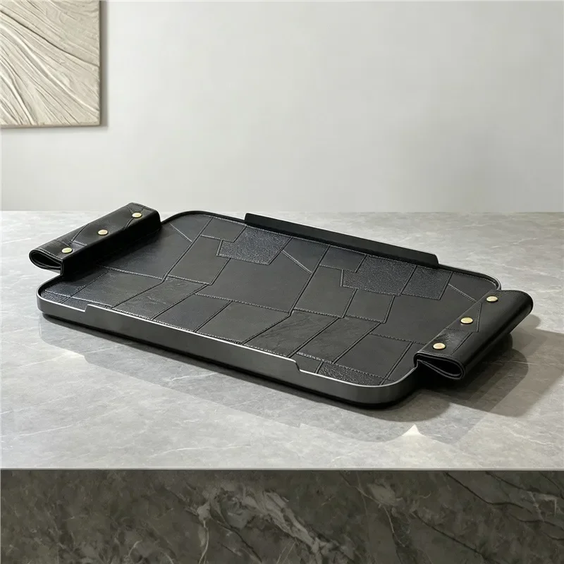 Minimalist light luxury black irregular splicing leather solid wood tray desktop decoration photo frame table storage box