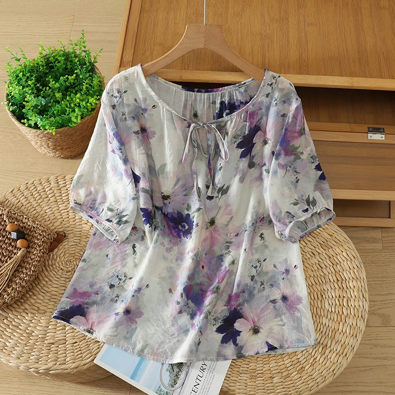 Ultra-Thin Breathable T-Shirt Women's Loose Fit Printed Cotton Polyester Blend Summer Shirt Casual round Neck Short Sleeve