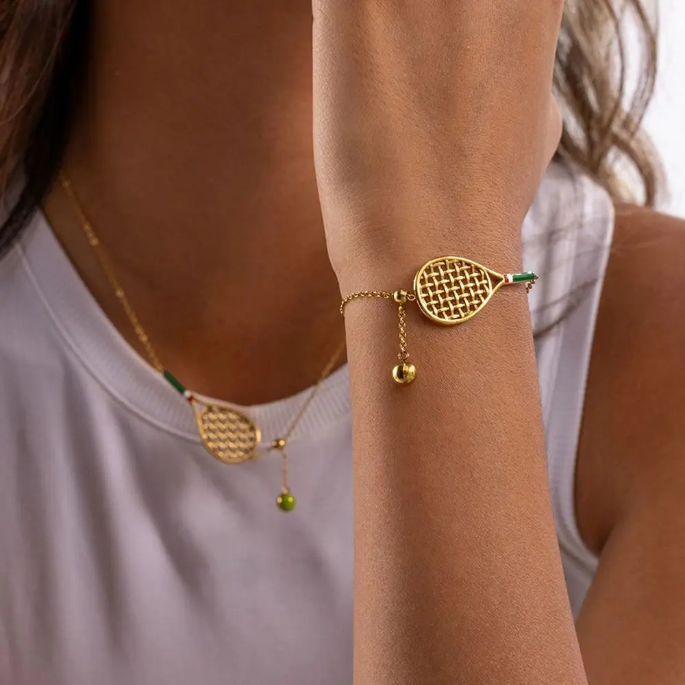 Metal Chain Tennis Racket Necklace 18K Gold Plated Stainless Steel Tennis Racket Bracelet Vintage Personalized