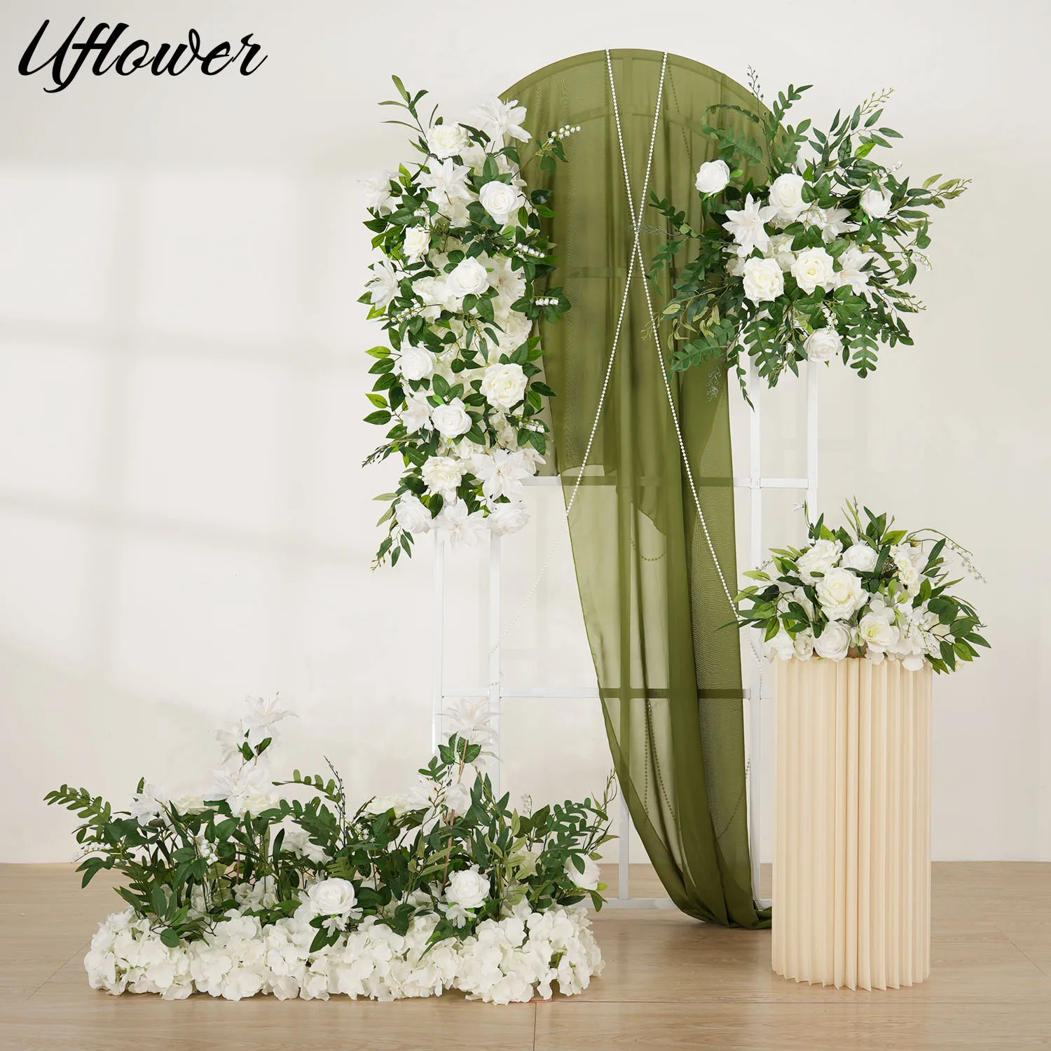 Uflower White Rose Wedding Backdrop Arch Deco Hanging Floral Arrangment Banquet Table Centerpiece Ball Stage Floor Flower Party