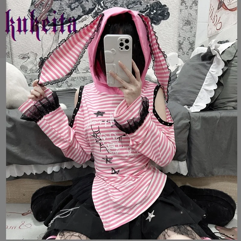 Harajuku Rabbit Ear Hoodies Japanese Kawaii T Shirts Y2k Aesthetic Women T-shirt Gothic Lolita Lace Pink Striped Top Grunge Tees