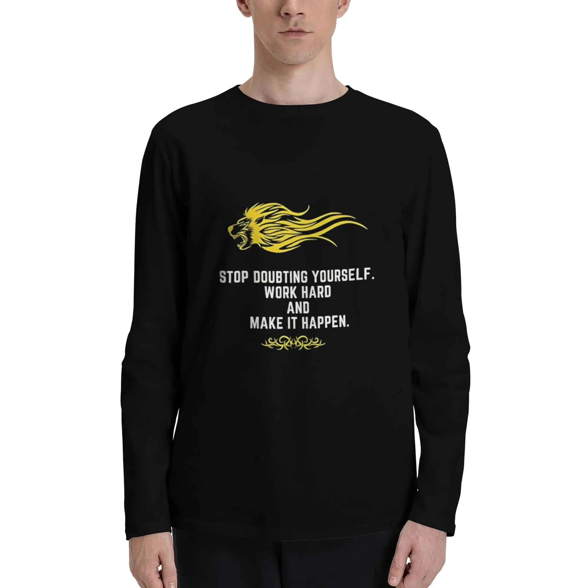 STOP DOUBTING YOURSELF модная мужская хлопковая футболка с круглым вырезом с принтом, повседневная футболка большого размера с длинными рукавами, модный пуловер