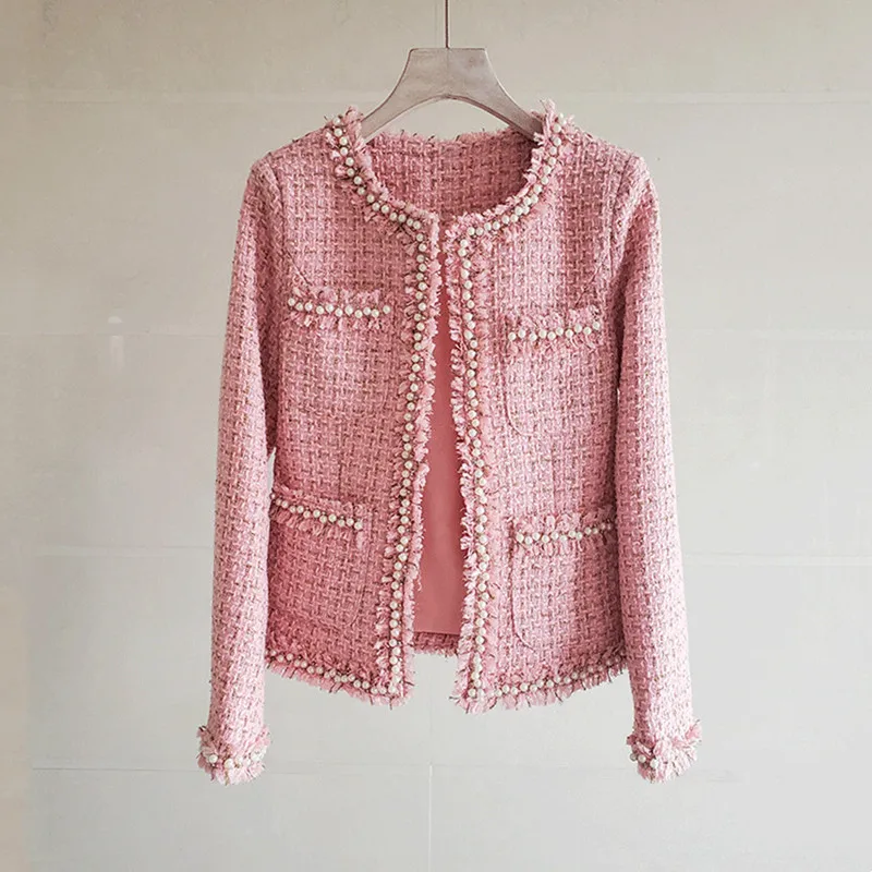 Pink tweed women jacket Hand-made beads spring / autumn / winter woolen coat new Wool classic jacket Ladies