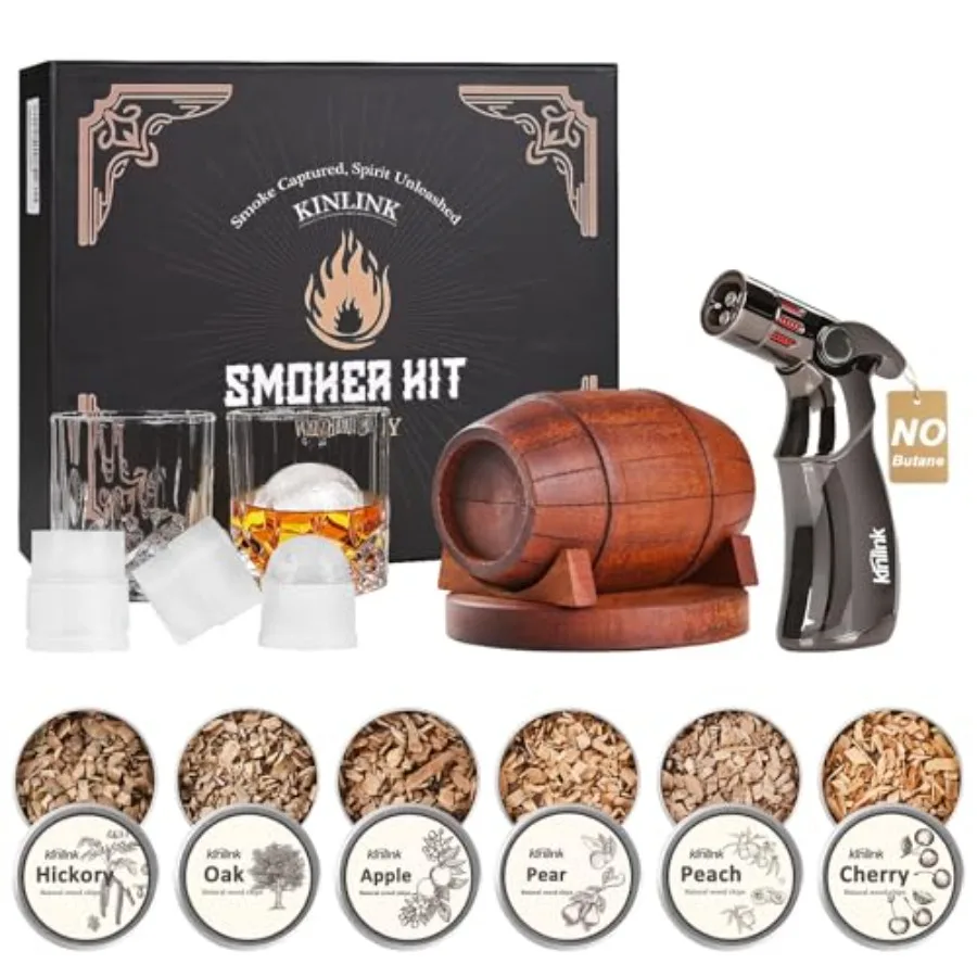 

Набор для копчения коктейлей с табакеркой (без бутана), 6 видов древесных чипсов, 2 стакана для виски, 2 формы для круглых кубиков льда, набор для копчения в стиле Old Fashioned