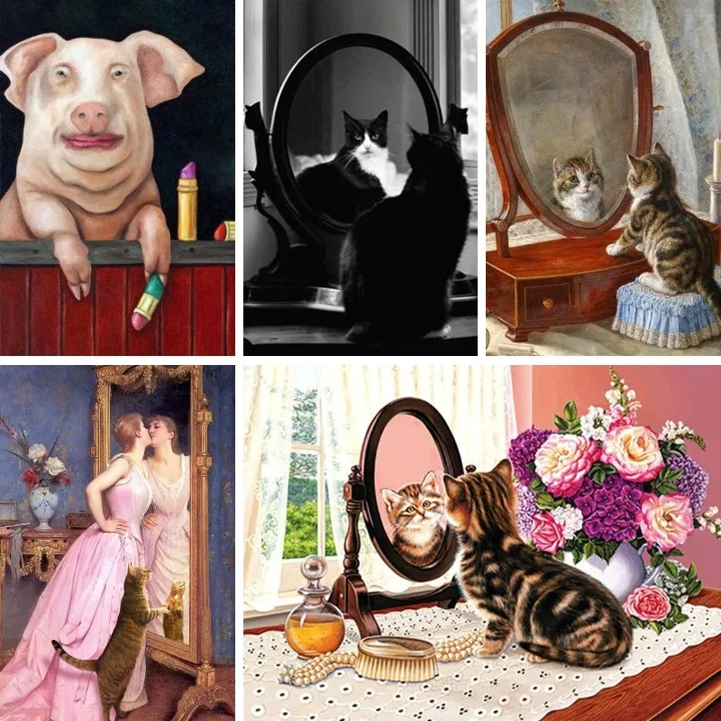Cat Pig Looking In Mirror Diamond Painting Wall Art Pictures for Living Room Bedroom Decoration Diamond Mosaic By Number Kits
