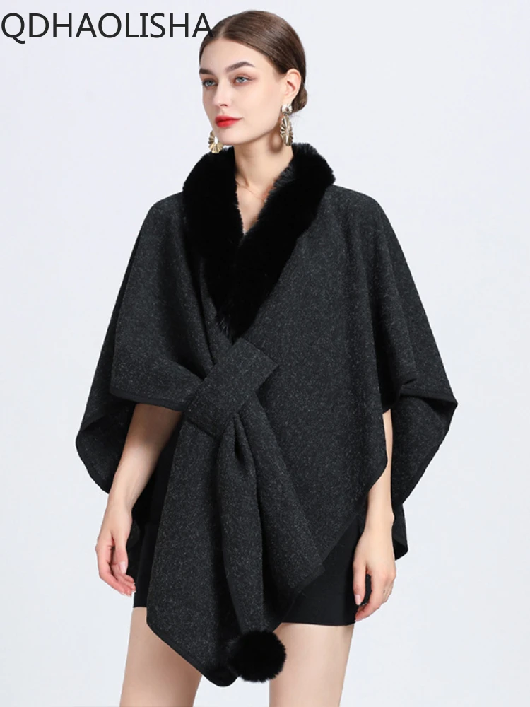 Women Fur Ponchos Coat Knit Cardigan Elegant Casual Fur Collar Shawl Cloak Woolen Coat Oversize Sleeveless Korean Fashion Capes