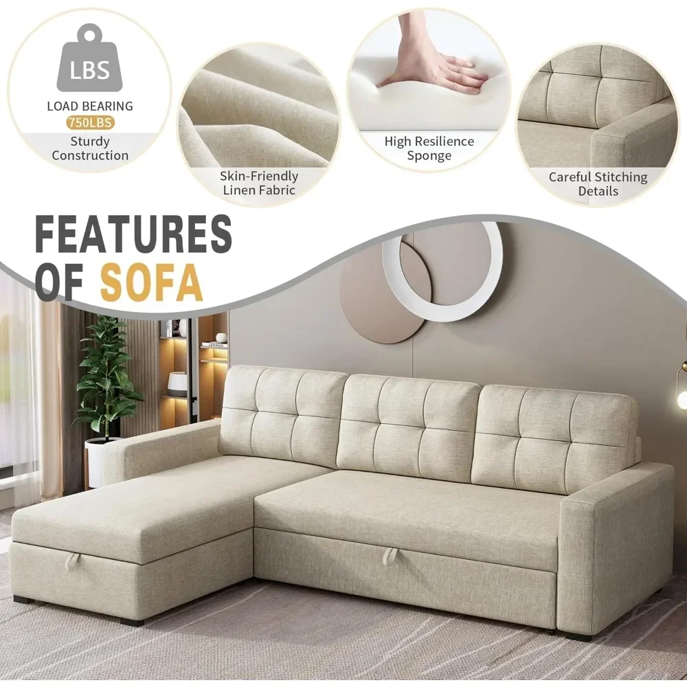 81.5" Sectional Sleeper Sofa with Storage Chaise, L Shaped Pull Out Couch Bed with 3 Removable Back Cushion for Living Room,Apar