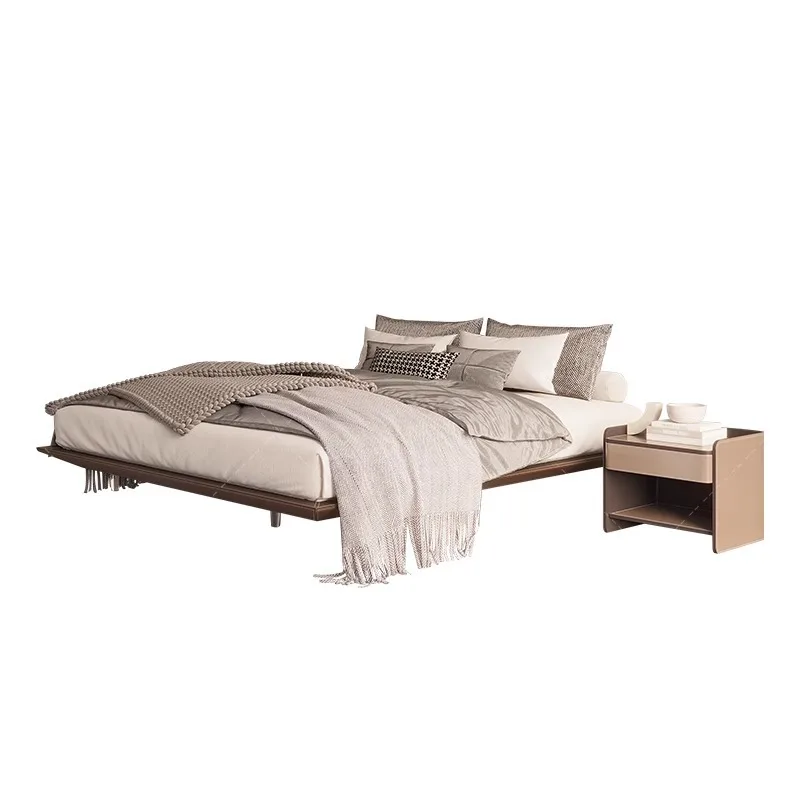 

Saddle leather no bedside suspension bed steel frame Italian minimalist master bedroom suspended bed