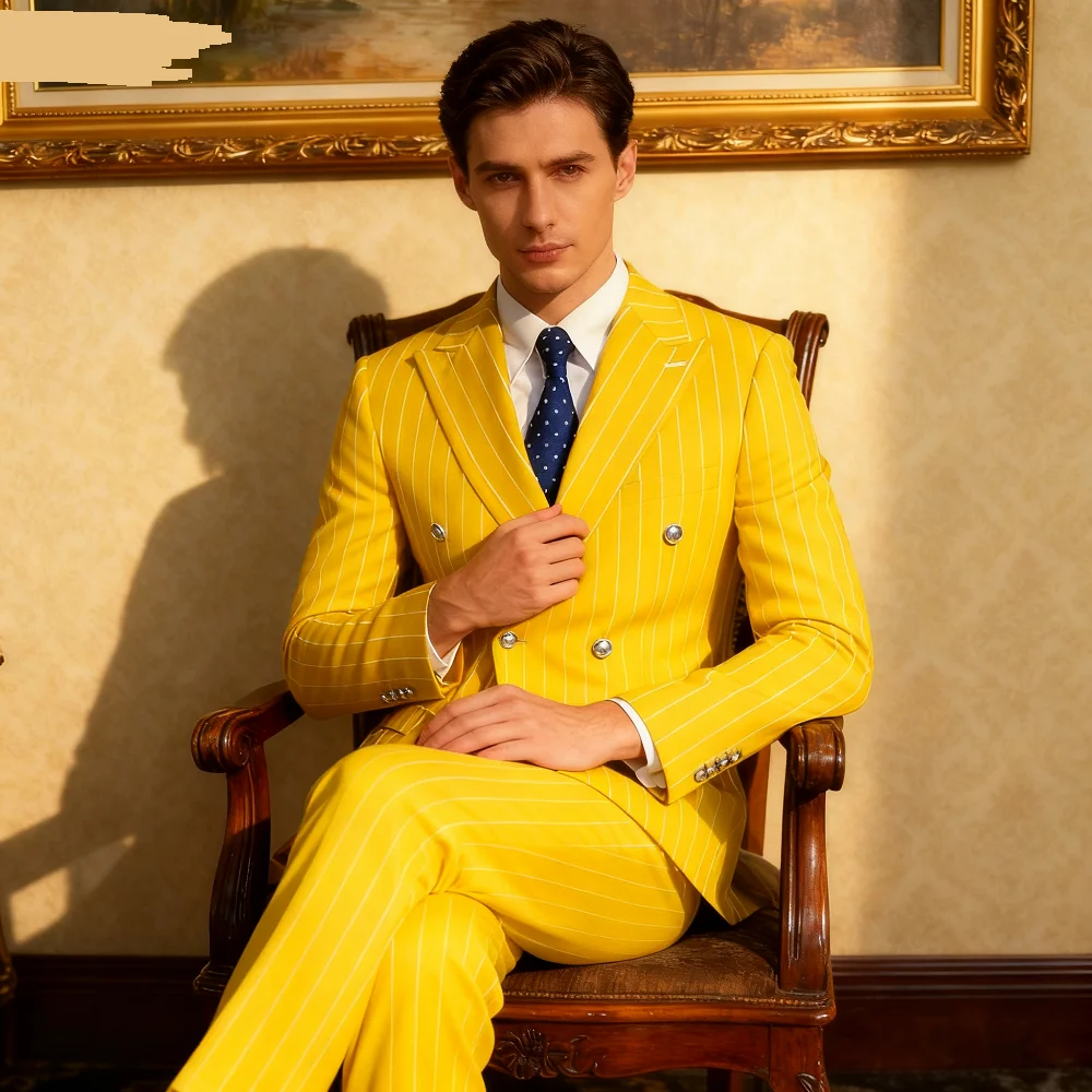 

Men's Brown Striped Blazer Double Breasted Jacket Peak Lapel Spring New Style Male Outerwear