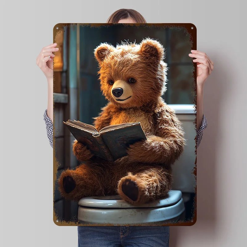 Teddy Bear Reading on Toilet Metal Poster Custom Wall Art Retro Vintage Tinplate Signs for Man Cave Bar Accessories House Room