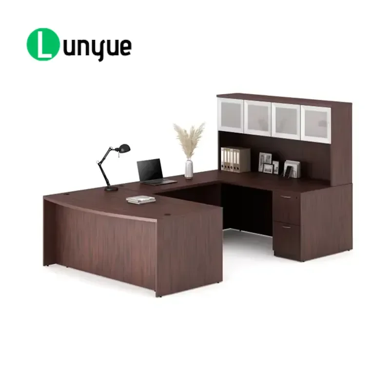 Modern Wooden CEO Executive Office Desk Set with Wall Storage Furniture for Manager Workstation Home Office Space Saving