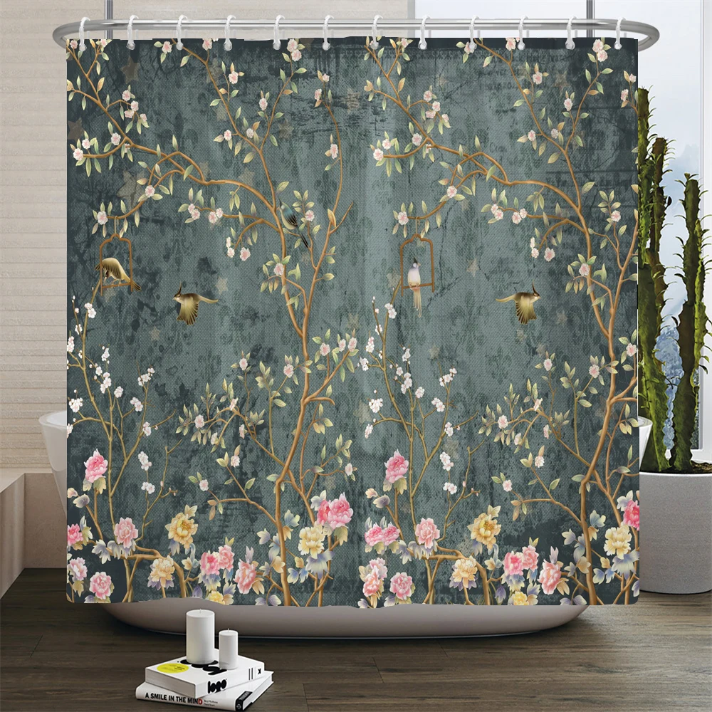 3D Plant Flower and Bird Toilet Cover Bath Mat Sets Chinese Scenery Print Bathroom Curtain Set Waterproof Fabric Shower Curtains