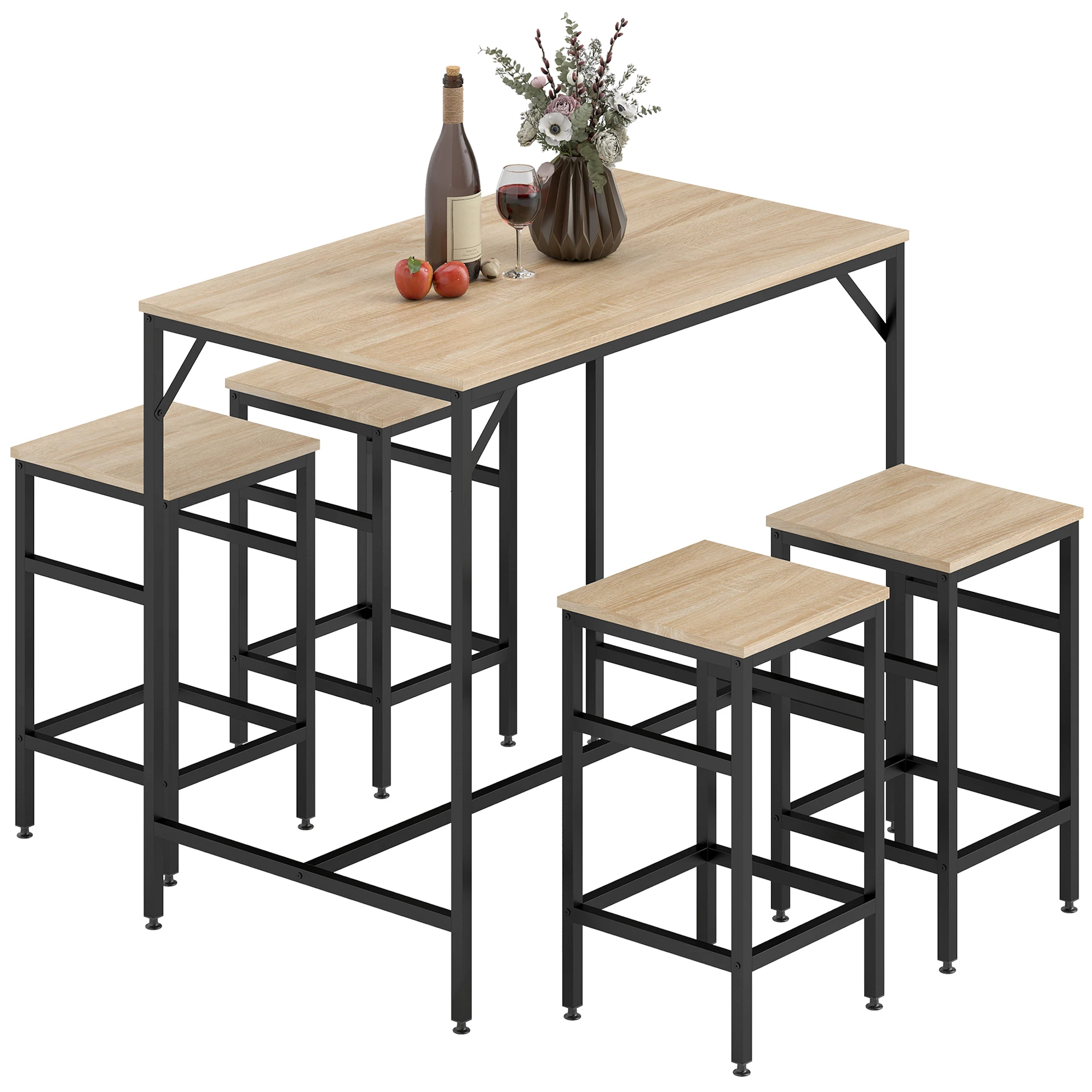 HOMCOM Set Tavolo da Bar Industriale + 4 Panchine in Legno Colore Rovere Chiaro con Struttura in Metallo Nero