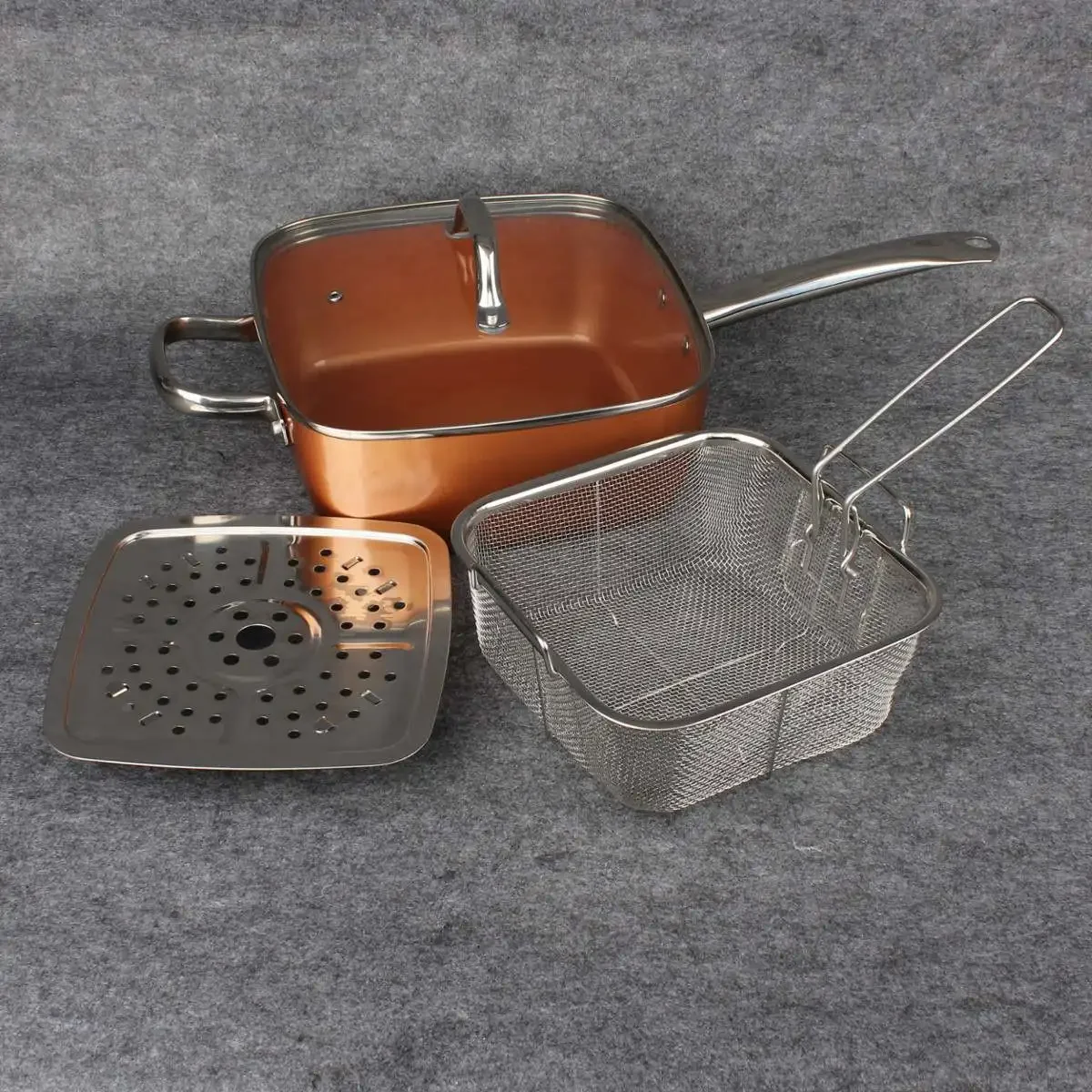 Ceramic Non-Stick Pan Copper Square Pan Induction Chef Glass Lid Fry Basket Steam Rack 4 Piece Set 9.5 Inches Used In Induction