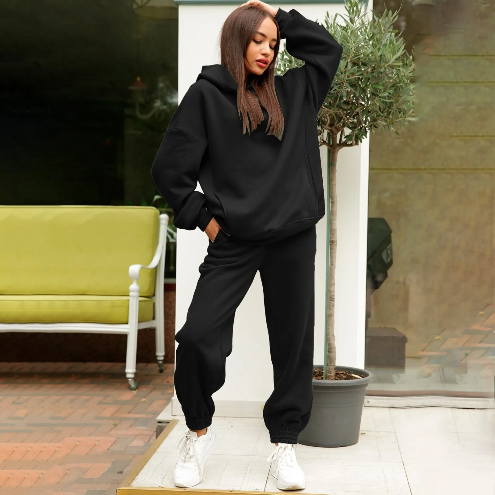 Black Hoodies Set Women Loose Casual Sportwear 2 Piece Set Fall Solid Color Oversize Sweatshirts+Baggy Sweatpants y2k Pant Sets