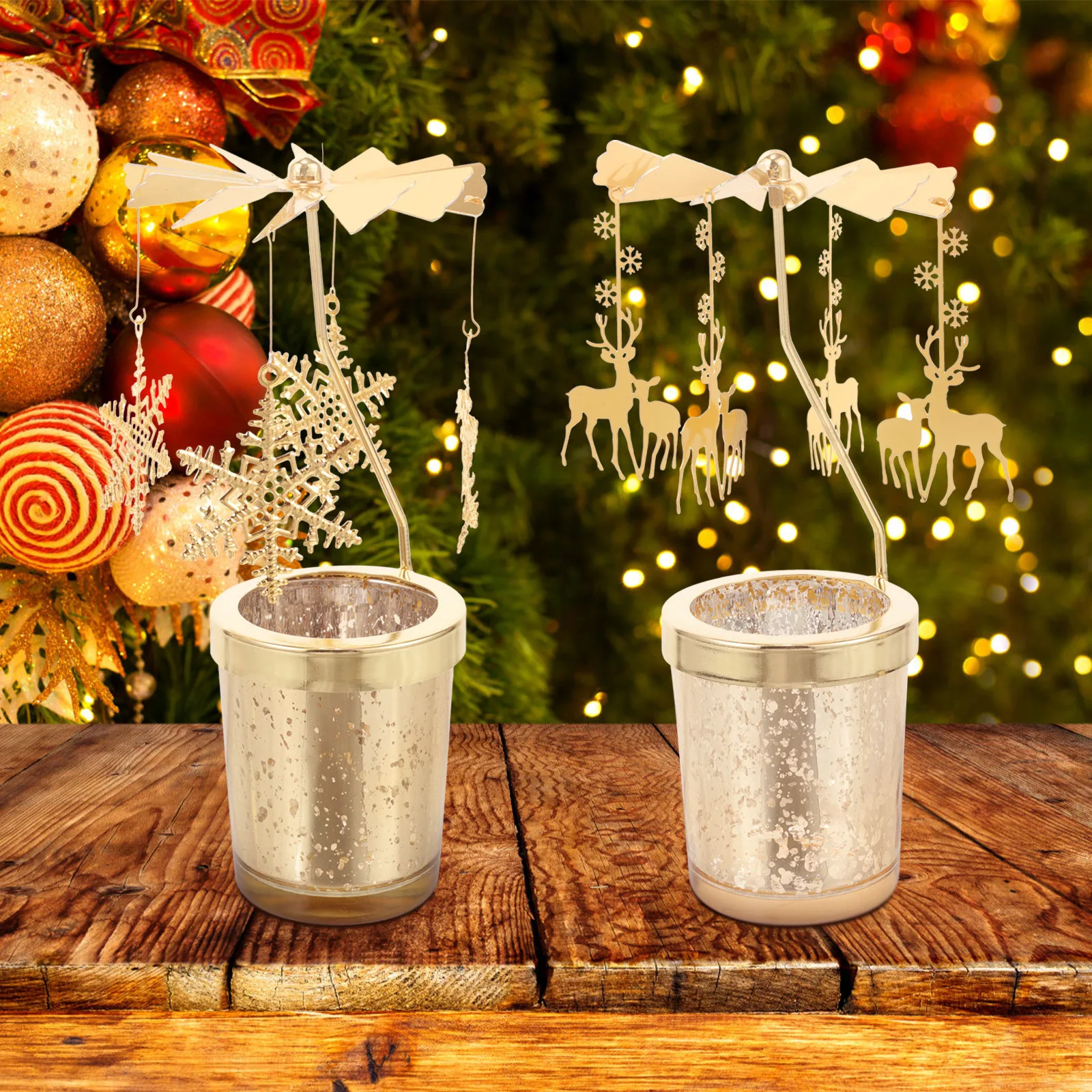 

2pcs Rotating Holder Metal Christmas Candlestick Table Decor For Party Wedding Home Holiday Gift Snowflake Golden Finish