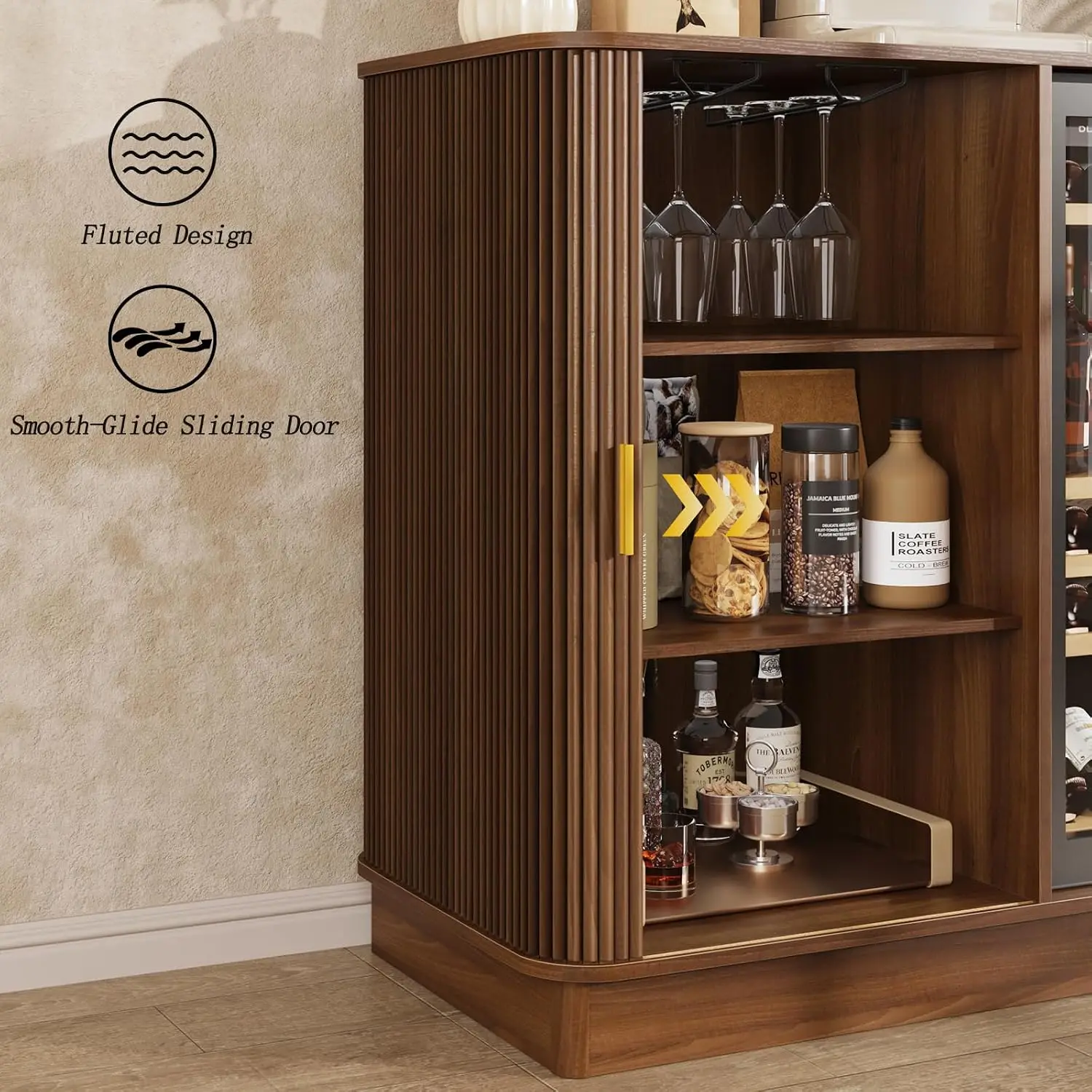 Coffee Bar Cabinet with Fridge Space, 42.5” Mini Fridge Cabinet | Fits Most Mini Fridges, Power Outlet & Wine Glass Racks, Modern Fluted Sliding Door, Coffee Bar & Wine Storage, Walnut image 5