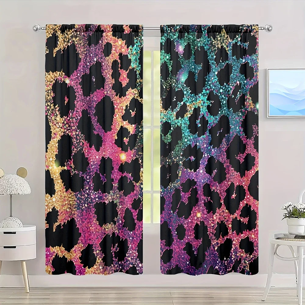 2pcs Colored Leopard Print Printed Curtain for Home Decor - Rod Pocket Window Treatment for Bedroom, Office, Kitchen,Living Room