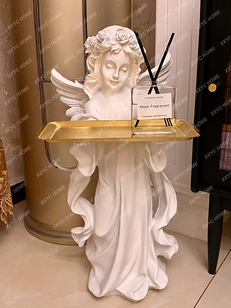 

European Retro Angel Floor Ornaments Tray Living Room Entrance Key Creative Table Decorations Plaster Statue Sculpture