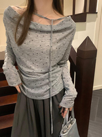 Polka Dot Lace-up Long Sleeve T-Shirt Summer Thin One-Shoulder Women's T-shirt 2025 Slim Women Tops Korean Style Women Clothing