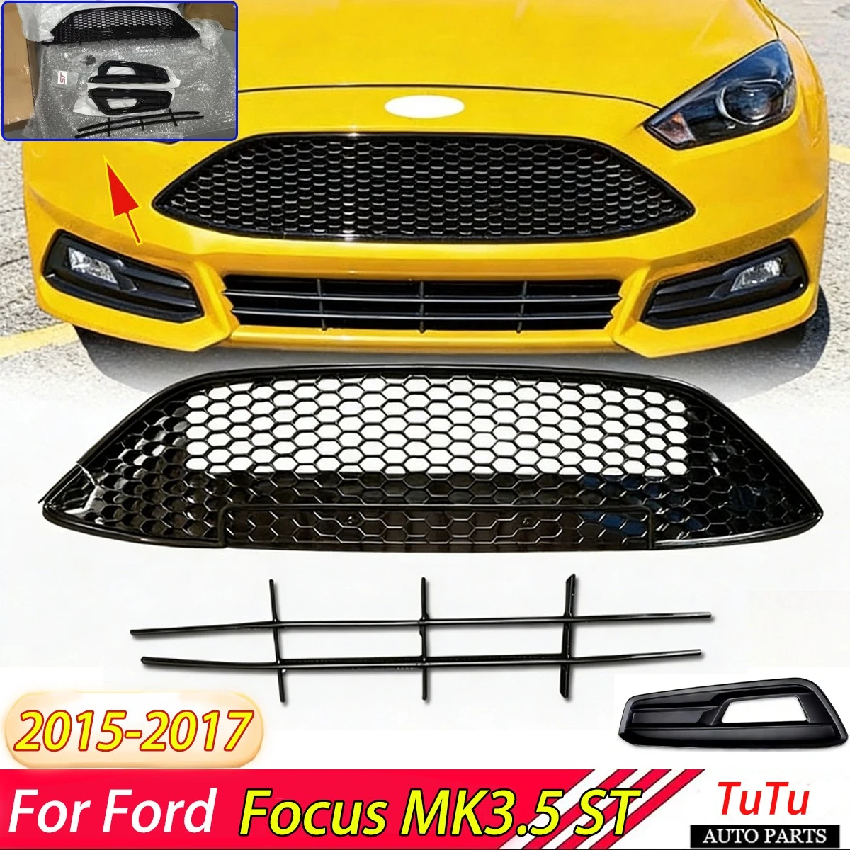 

Передняя решетка для Ford Focus 2015 2016 2017 MK3.5 ST, автомобильный бампер, верхняя нижняя решетка, противотуманная фара, рамка, комплекты кузова, защитная крышка