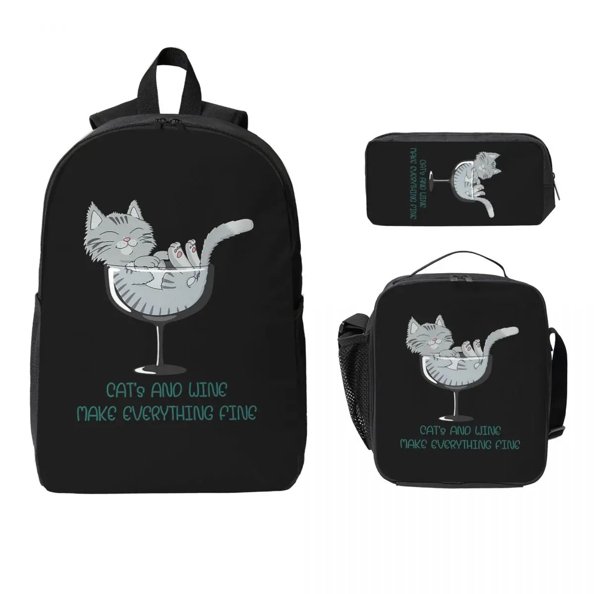 

Cat's And Wine Make Everything Fine. Forest Cat Backpack Student Boy Girl BookBag School Bag 3ps Insulated Lunch Bag Pencil Case
