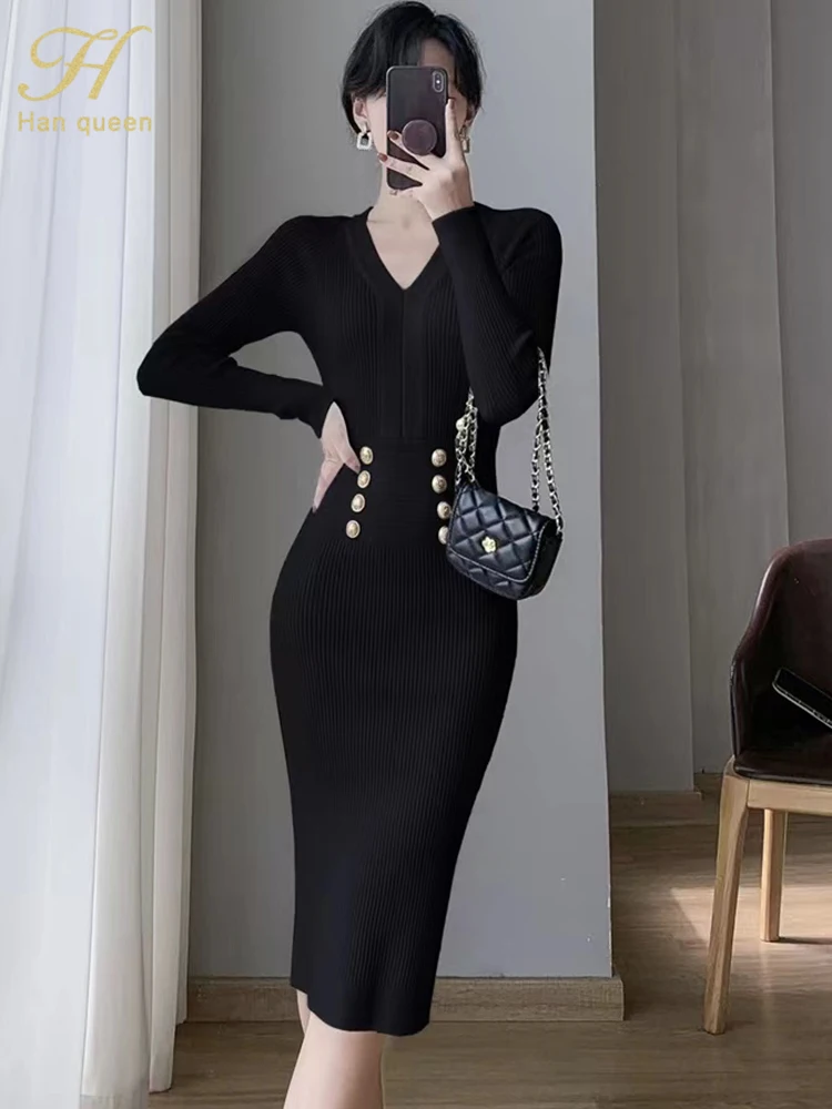 H Han Queen New Autumn Winter Thick Stretch Knitted Pencil Dresses Simple V-Neck Party Dress Fashion Buttons Bodycon Dress Women