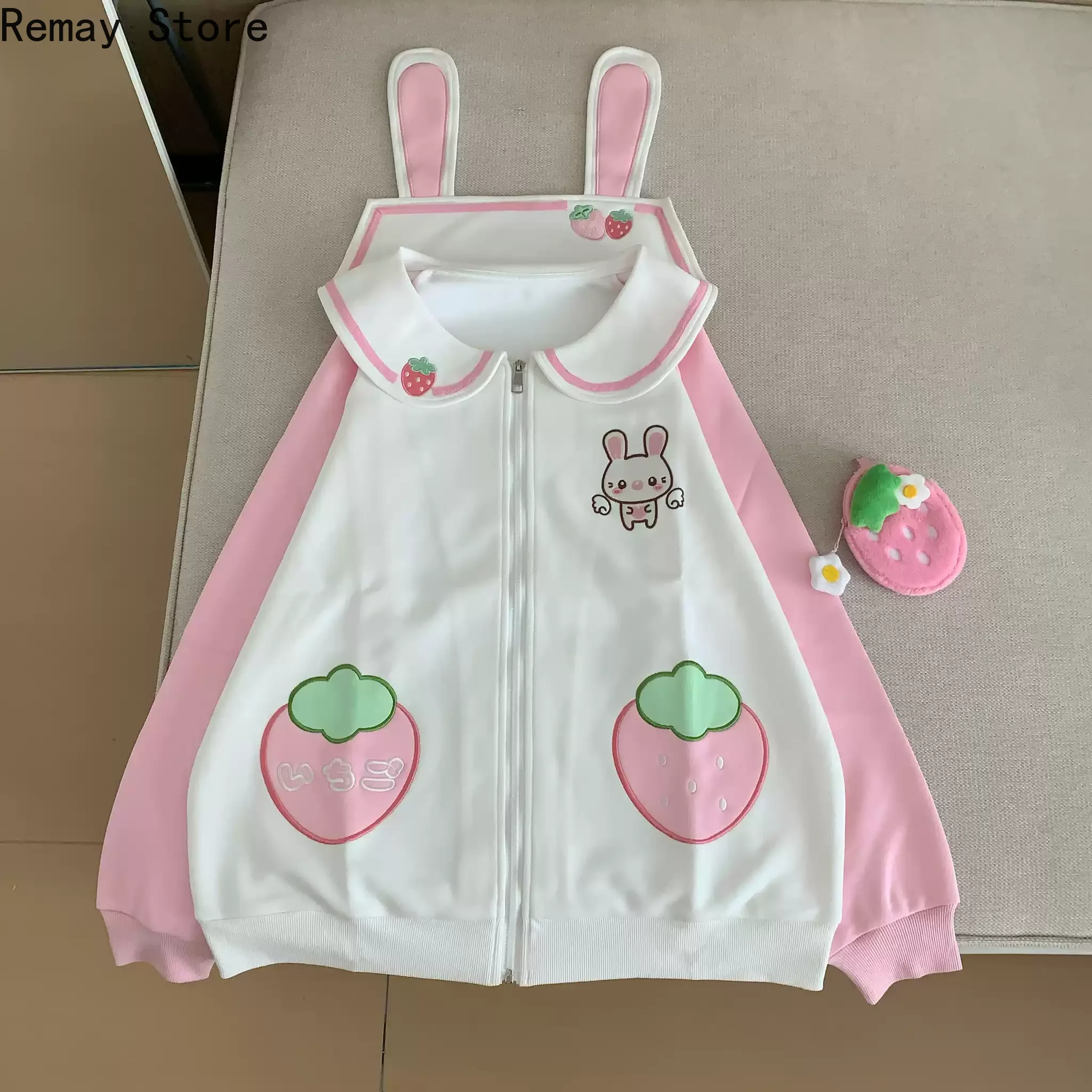 Sweet Lolita Kawaii Jacket Women's Coats Rabbit Ear Strawberry Embroidery Sailor Collar Zip Up Daily Y2k Korean Fashion Outfits