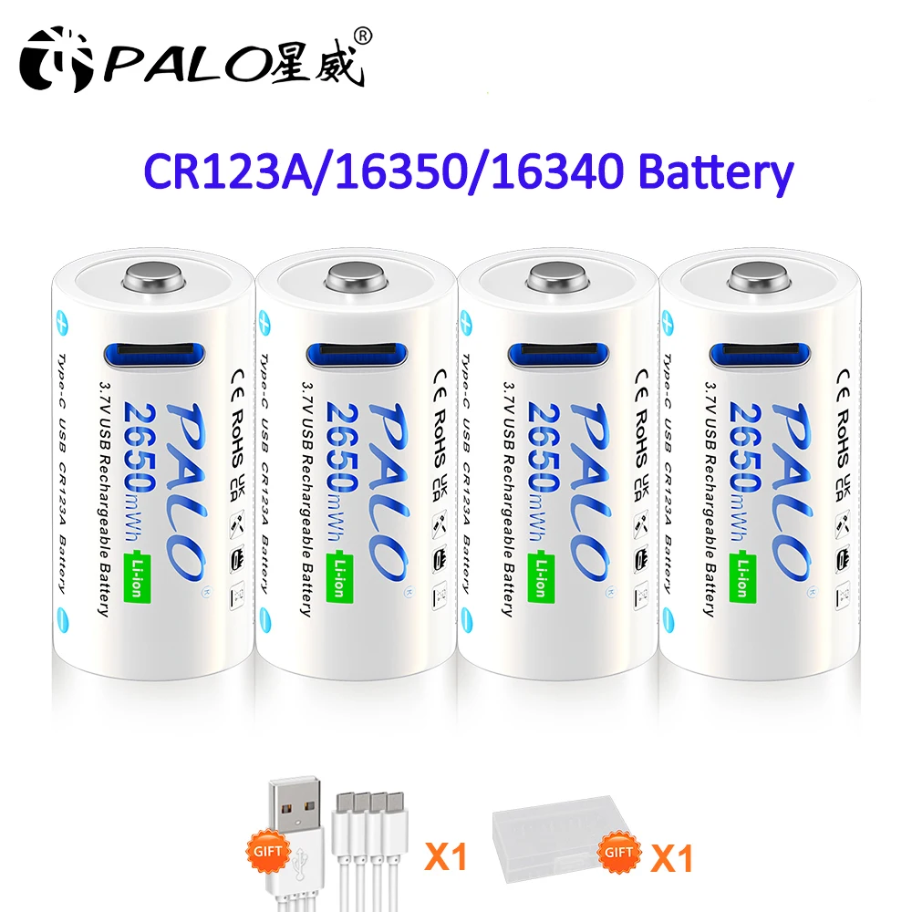 

2650mWh CR123A 16350 Battery Rechargeable Li-polymer 3.7V 16340 CR123 RCR123 Battery + Type-C Fast Charge Cable Camera Batteries