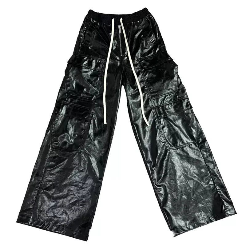 Mauroicardi Lente Herfst Cool Zwart Glanzend Reflecterend Pu Leer Wijde Pijpen Broek voor Mannen Trekkoord Taille Heren Designer Kleding