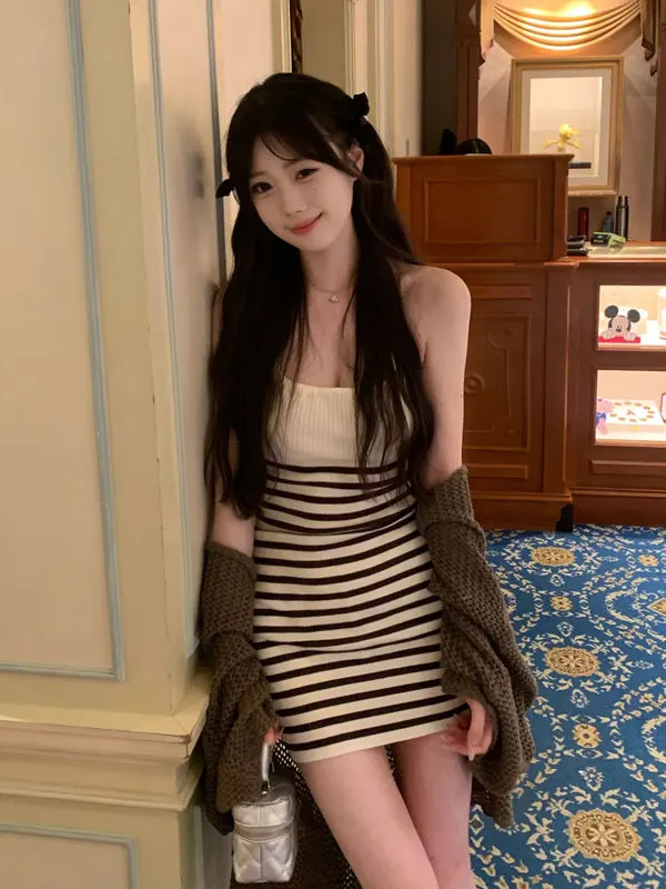 

Ретро-модный полосатый кардиган и юбка с высокой талией из хлопка, комплект из двух предметов, уникальный стиль, длинный рукав, женский, для осени