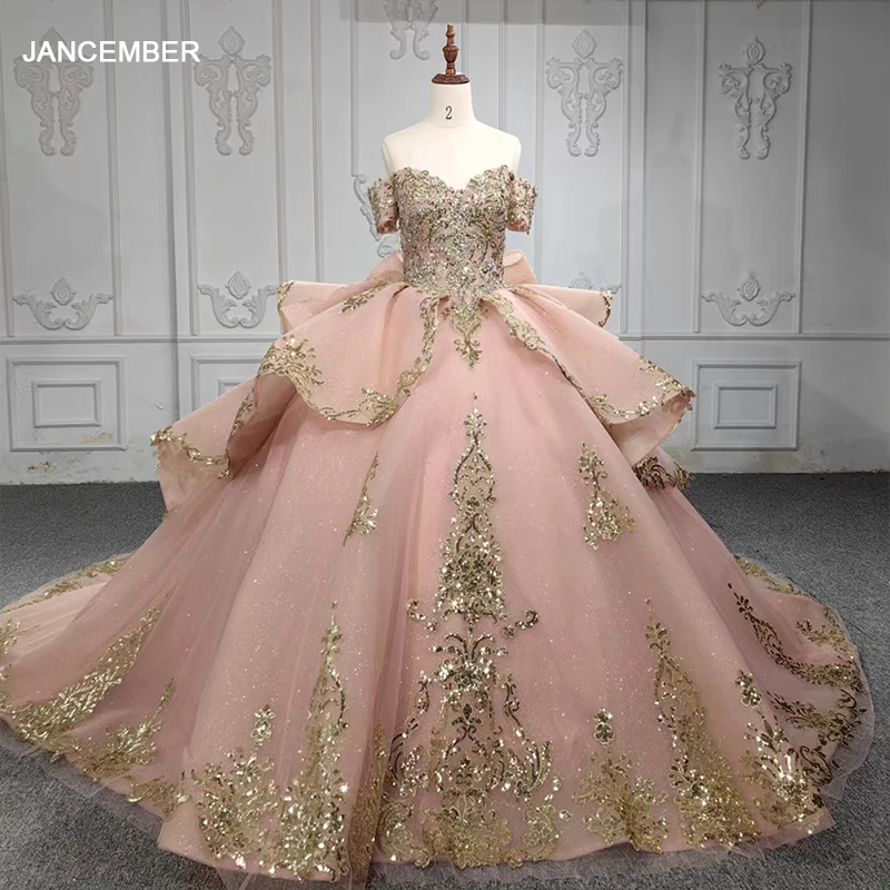 Jancember novidade romântico quinceanera vestidos 2024 lantejoulas vestido de baile querida mangas curtas bordado arco bar mitzvah dy5841