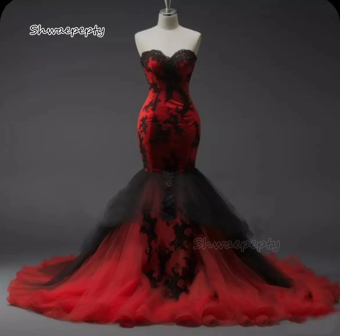 Red And Black Mermaid Gothic Wedding Dress Bridal Gowns Lace Appliques Corset Long Tulle Vestido De Novia Customzied