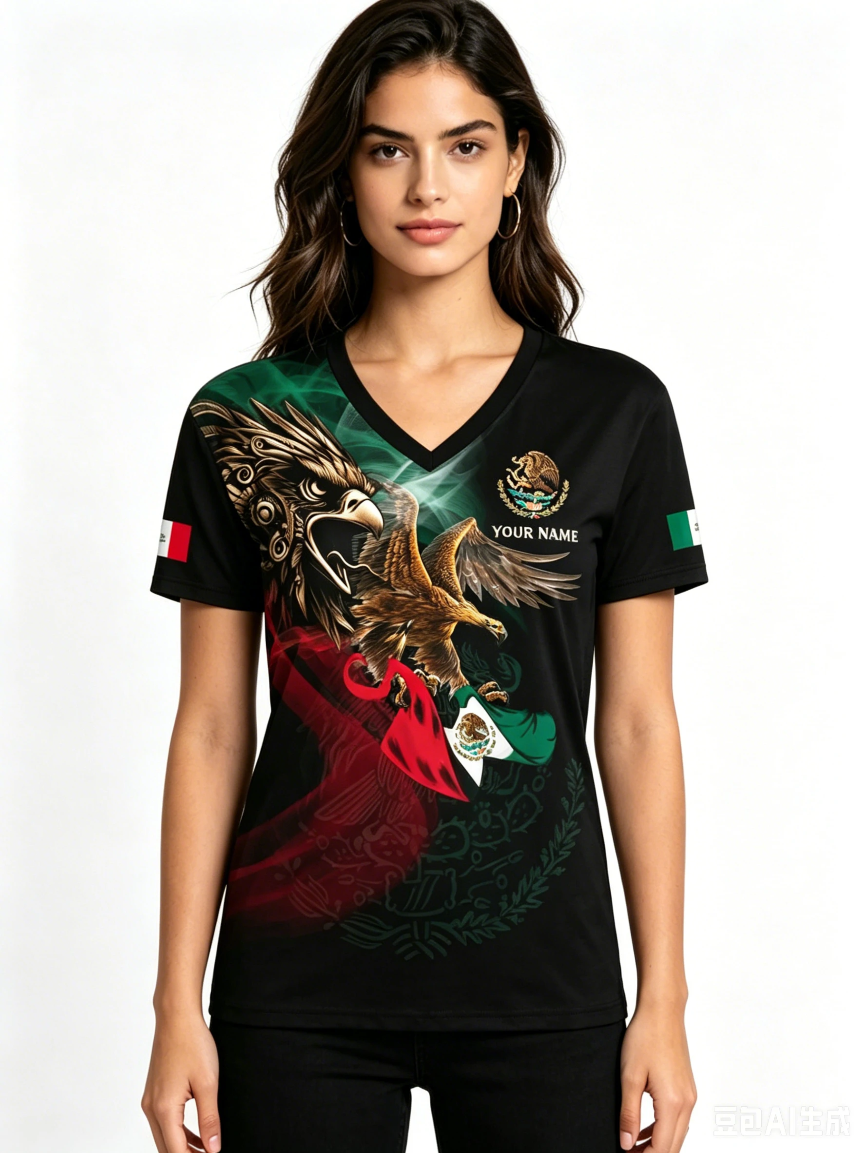 Mexico National Flag 3D Eagle Print Women T-shirts Casual V-neck Short Sleeve Fashion Customize Name Tees Summer Female Clothing