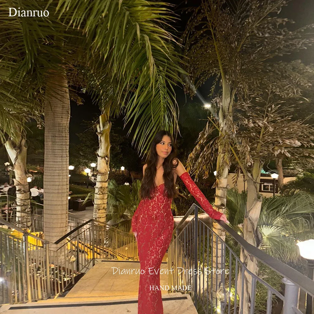 Dianruo-Vestidos De Noche ajustados De encaje rojo, apliques modernos, Vestidos De Fiesta con escote corazón, sirena, Vestidos sexys para graduación personalizados