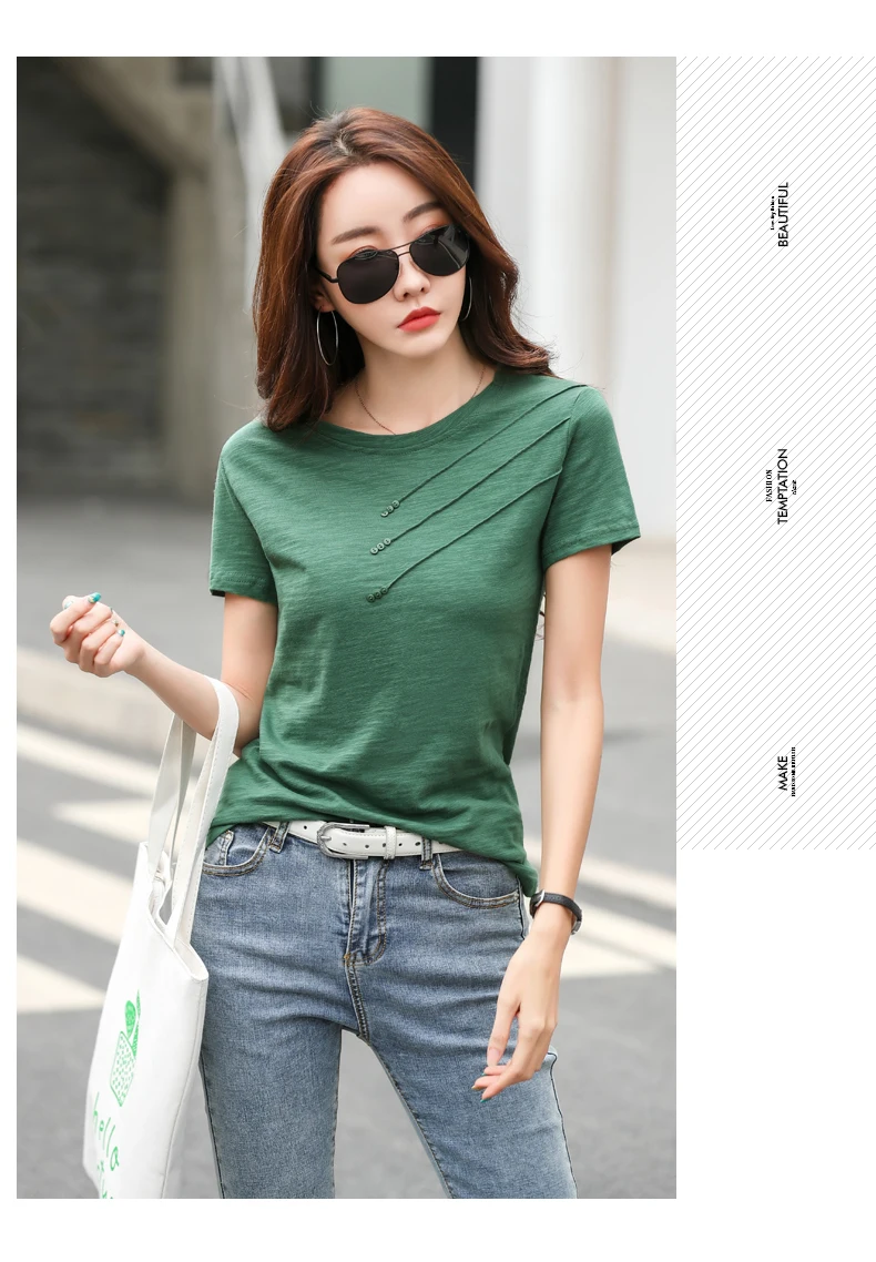 AOSSVIAO 2026 Summer Solid Color Women's T-Shirts Slub Cotton O-Neck Short Sleeve T-Shirt Loose Casual Simple Button Basic Top