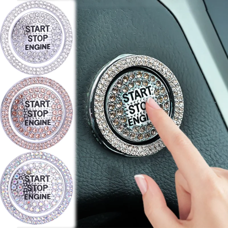 2Pcs/set Trim Ring Sticker Car Interior Starter Switch Button Ignition Device Decor Keys Protection Cover Diamond Bling Stickers