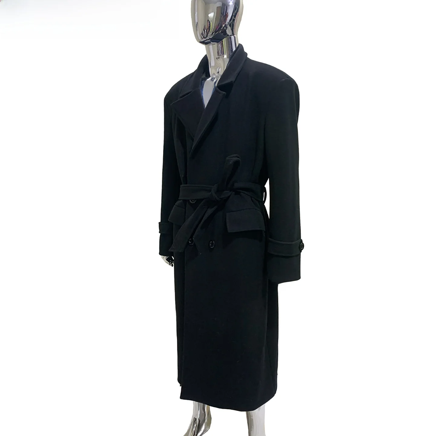 Nerazzurri Men's Long Woolen Coat Double-Row Button Belted Black Suit Outerwear Standard Fit Business Casual Style Polyester ...