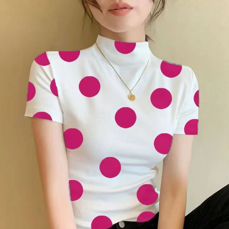 

Semi-high Neck Short-sleeved T-shirt Base Layer Shirt Polka Dot Summer 2024 Fashionable Printed Top Slim-fitting Thin Tees