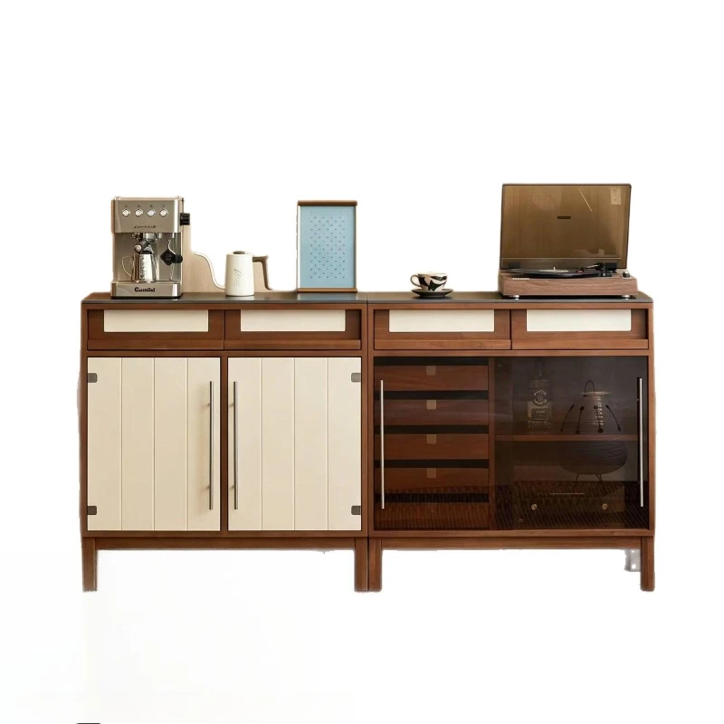 Medieval solid wood dining side cabinet, rock slab living room locker, large capacity