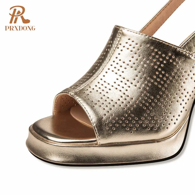 PRXDONG 2024 New Elegant Genuine Leather High Heels Platform Gold Silver Shoes Woman Gladiator Sandals Gold Silver Size 34-39