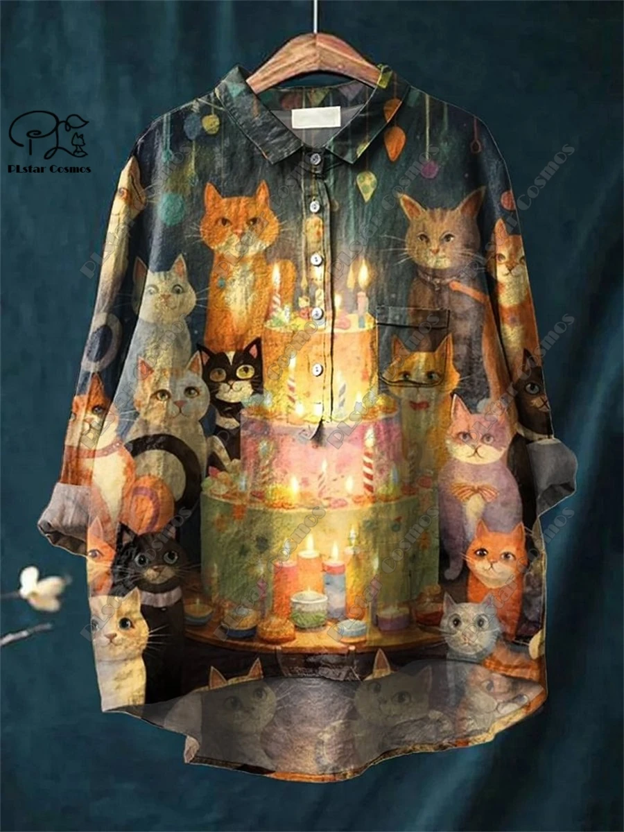 PLSTAR COSMOS new 3D printed retro and cute floral animal printing ladies entertaining leisure and loose open -tube shirt D-13