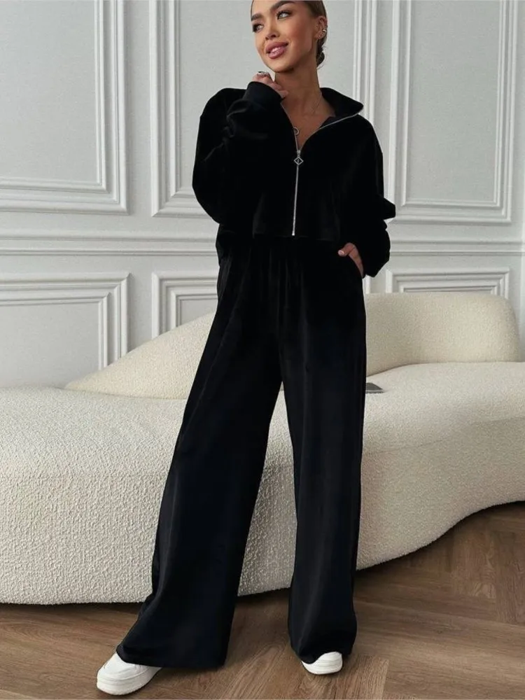 Autumn Winter Solid Velvet Two Piece Sets Women Outfits Tracksuit Zipper Long Sleeve Sweatshirts Top Wide Leg Pants Casual Suit