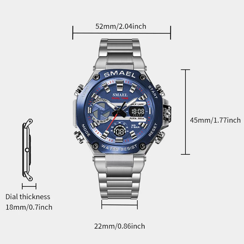 SMAEL  Stainless Steel Watches 50M Waterproof  Quartz Watches 8097 Bussiness Watches Dual Time Back Light Digital Watches LED